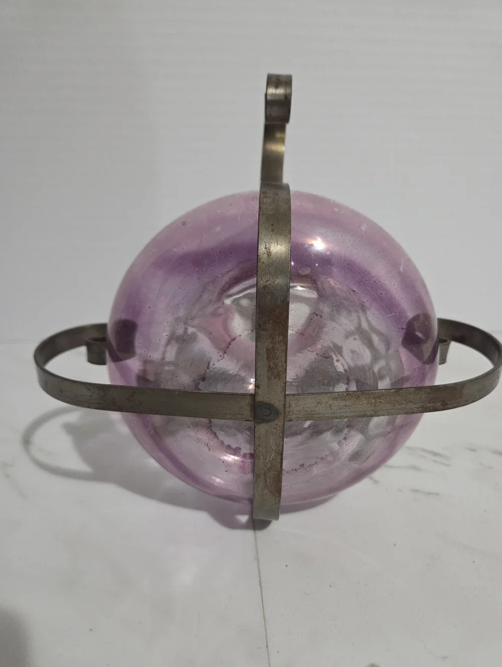 Vintage Amethyst Art Glass Wall Piece With Steel Scroll Wall Mount - 10x7.5